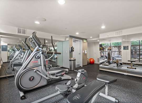 A gym with a variety of equipment including treadmills, stationary bikes, and weight machines.