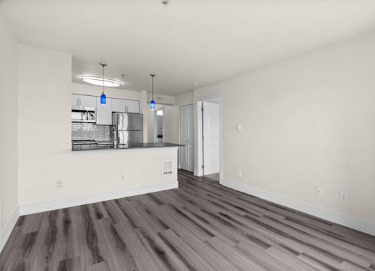 A kitchen with a counter and cabinets is visible from the living room.