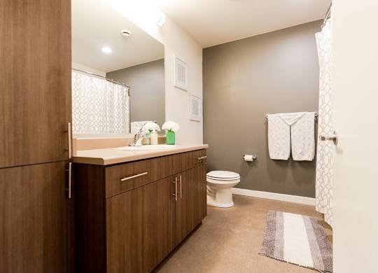 A bathroom with a toilet, sink, and towel rack. at The Platform, Washington, 98032