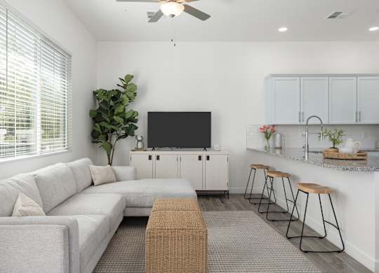 A living room with a grey couch, a television, and a bar area.