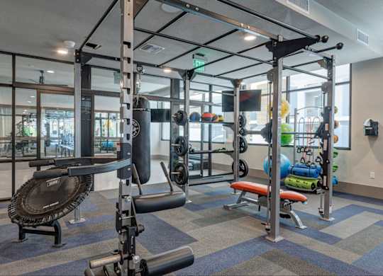 A gym with a variety of equipment including a weight bench, a rowing machine, and a treadmill.