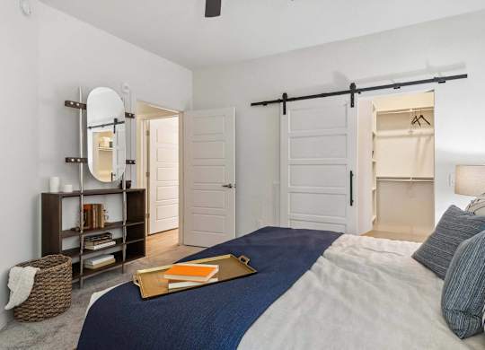 A bedroom with a bed, a dresser, a mirror, and a bookshelf.