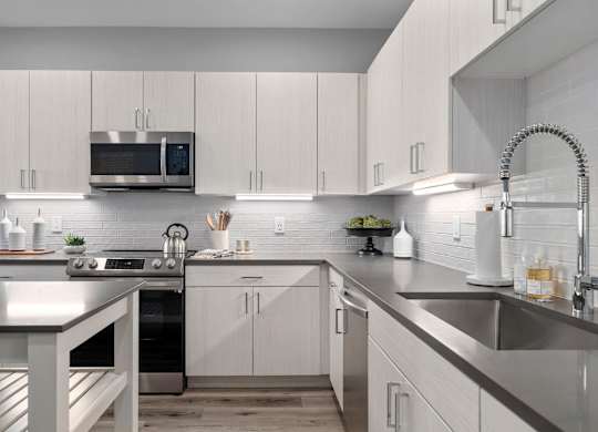 A modern kitchen with white cabinets and stainless steel appliances.
