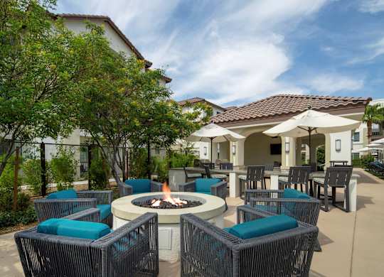 A patio with a fire pit and chairs.