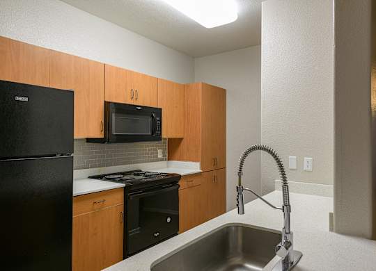 A kitchen with black appliances and wooden cabinets.
