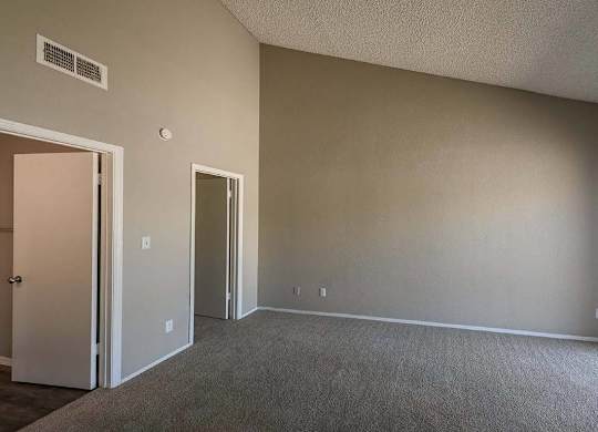 A room with a carpeted floor and two doors.