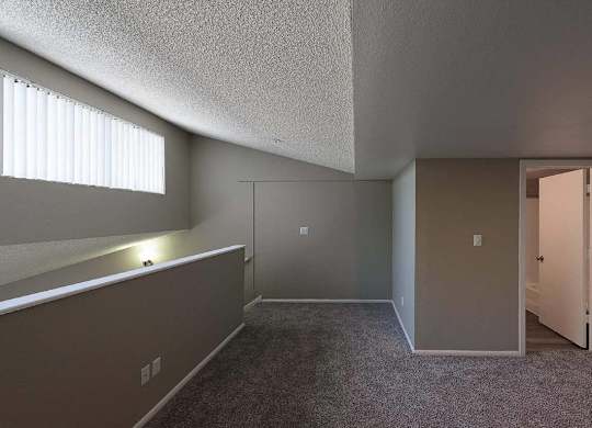 A room with a carpeted floor and a window on the left side.