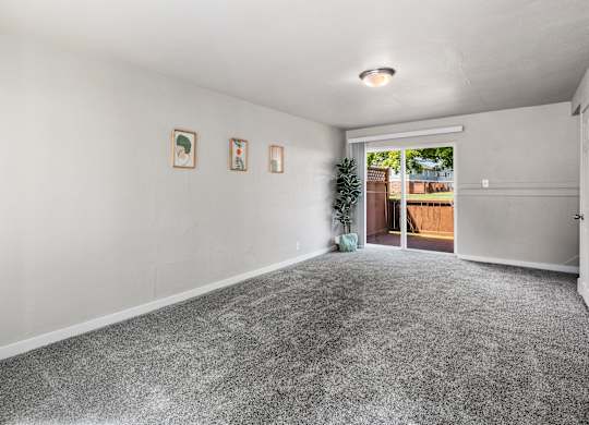 A room with grey carpet and three pictures on the wall.