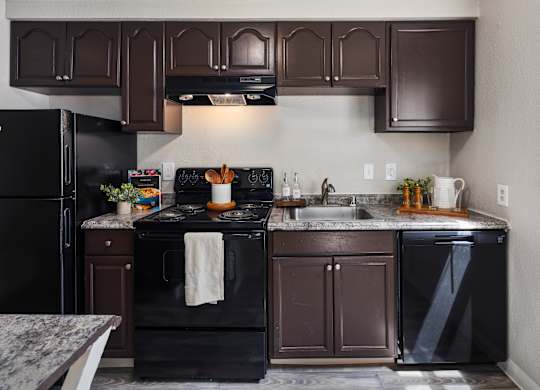 A kitchen with a black stove top oven and black appliances.