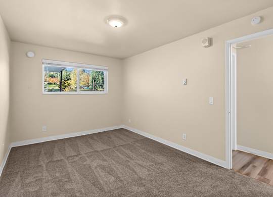 an empty living room with carpet and a window