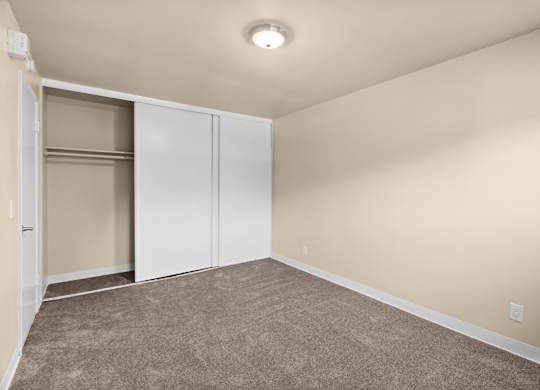 an empty room with carpet and a closet