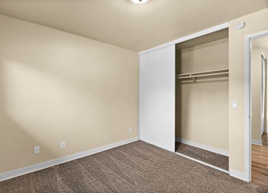 an empty room with carpet and a closet