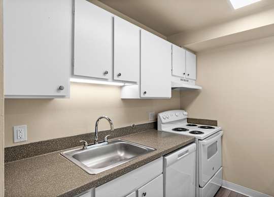 the preserve at ballantyne commons apartment kitchen with sink stove and cabinets