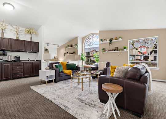 A living room with a brown couch and a grey rug.