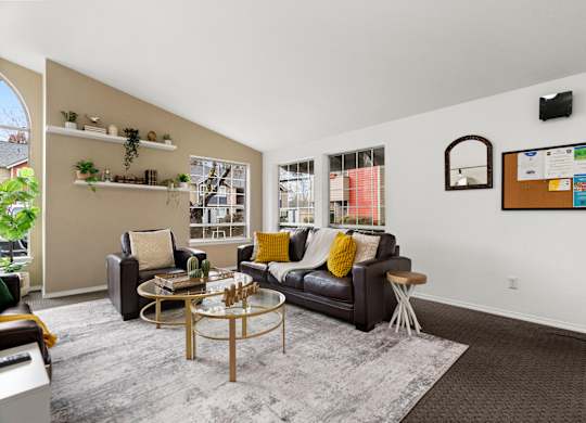 A living room with a black couch, a coffee table, and a wall with a bulletin board and a plant.