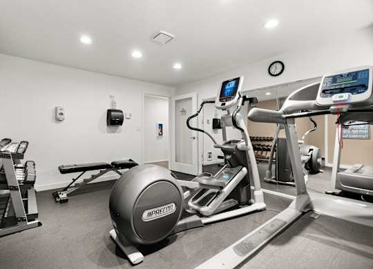 A gym with a treadmill, weights, and a ball.