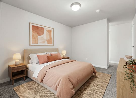 A bedroom with a bed, nightstands, and a painting on the wall.