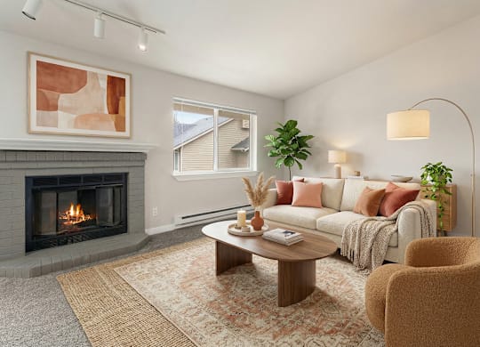 A living room with a fireplace and a couch.