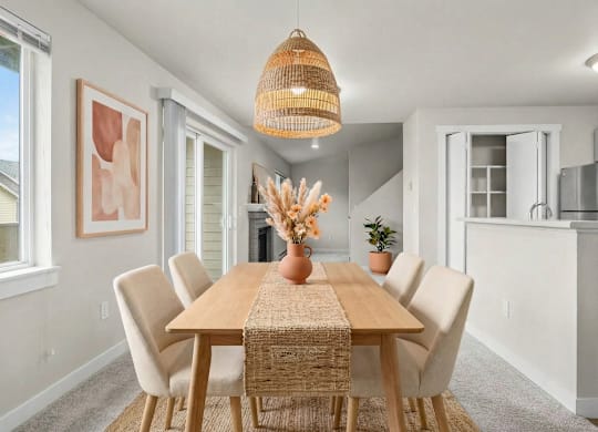 A dining room with a wooden table and chairs.