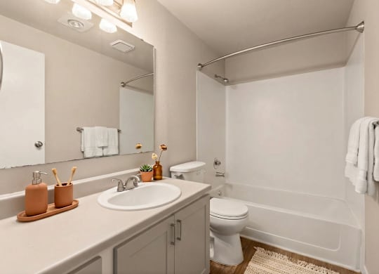A bathroom with a white toilet, sink, and bathtub.