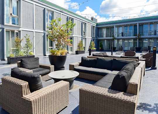 A patio with wicker furniture and a tree.