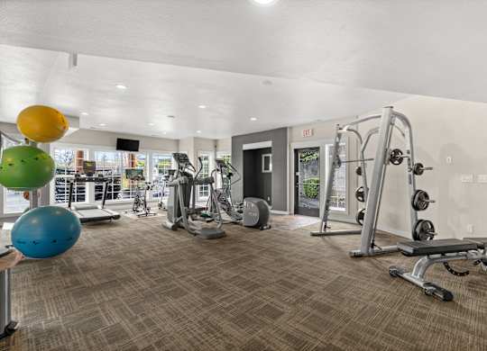 A gym with a variety of equipment including a treadmill, weights, and a bench.