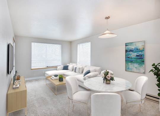 A living room with a white couch and a coffee table.