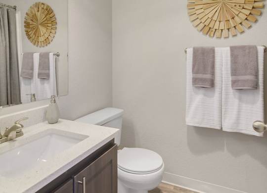 A bathroom with a toilet, sink, mirror, and towel rack. at Northpoint Apartments, Tacoma, WA, 98407