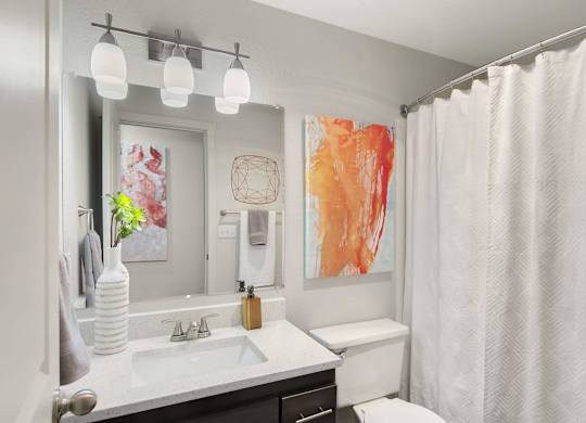 A bathroom with a white shower curtain and a painting on the wall. at Northpoint Apartments, Washington, 98407