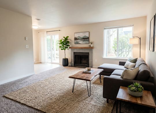A living room with a fireplace, grey couch, and a rug.