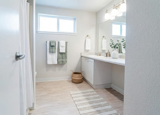 A bathroom with a white door, a window, a sink, and a rug.