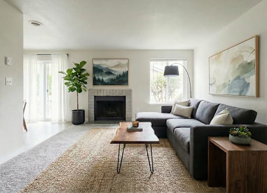A living room with a black couch, a fireplace, and a painting on the wall.
