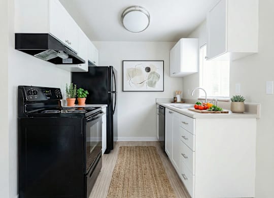 A black stove and refrigerator in a white kitchen.