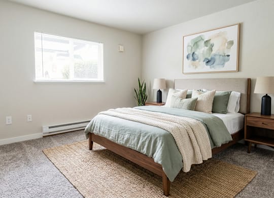 A bedroom with a bed, nightstand, and a painting on the wall.