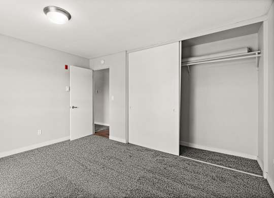 A room with a grey carpet and a white door.