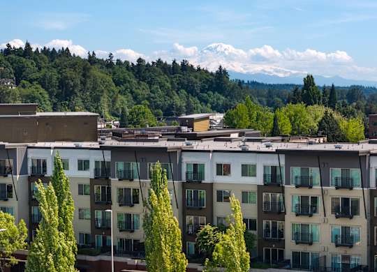 Apartment buildings with trees in front and mountains in the background.
