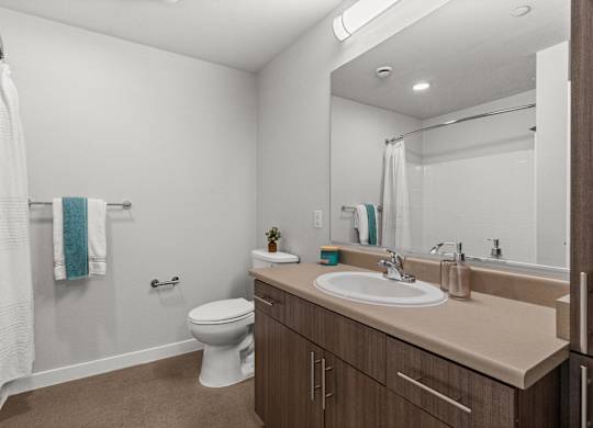 A bathroom with a toilet, sink, and mirror.