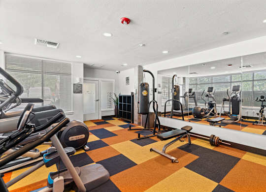 A gym with a variety of equipment including treadmills, weights, and exercise machines.