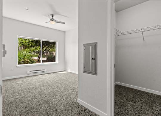 A room with a window, a fan, and a closet.