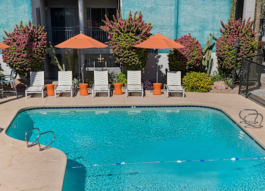 A pool with a blue butterfly design in the middle of it.