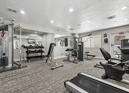 A well-equipped gym with a variety of machines and weight training equipment.