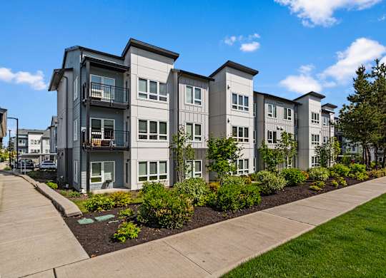 A row of modern townhouses with landscaped gardens in front.