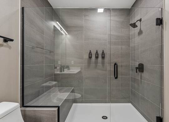 A modern bathroom with a walk-in shower and a toilet.