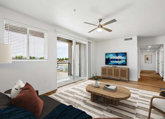 A living room with a sofa, a coffee table, and a television.