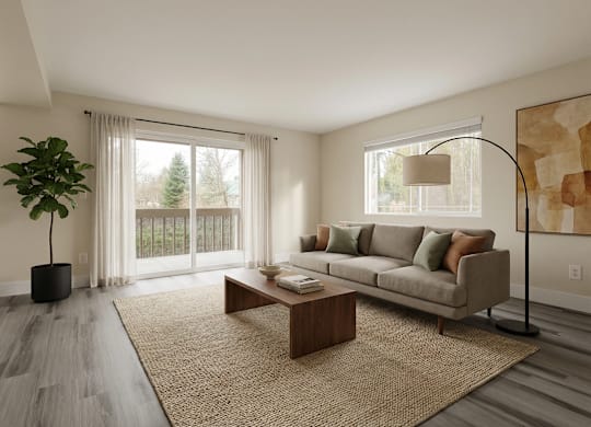 A living room with a couch, a plant, a coffee table, and a painting on the wall.