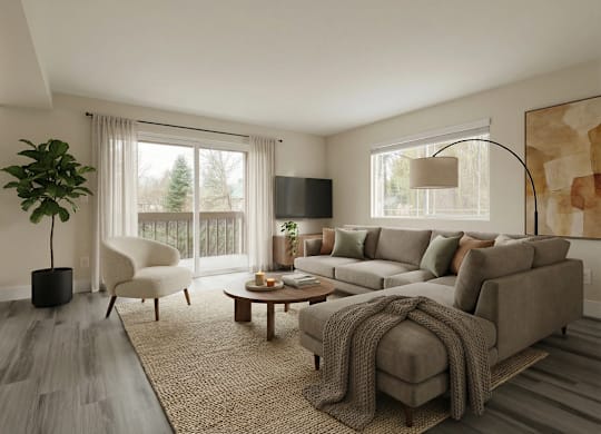 A living room with a grey couch, a white chair, a wooden coffee table, and a large painting on the wall.