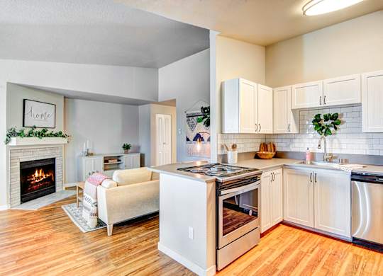 Everett Apartments=- The Lynx Kitchen with Stainless Steel Appliances at The Lynx Apartments, Everett, WA