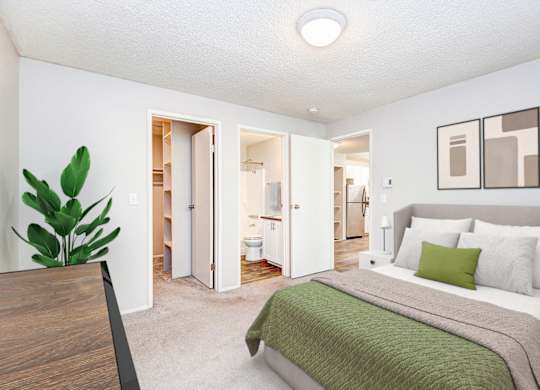 A bedroom with a bed, a plant, and pictures on the wall.