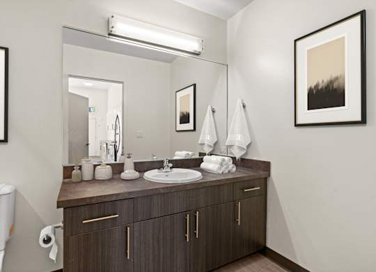 A bathroom with a white toilet and a brown vanity with a white sink.
