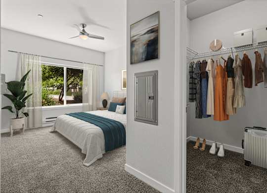 A bedroom with a bed, a window with a view, a closet with clothes, and a ceiling fan.